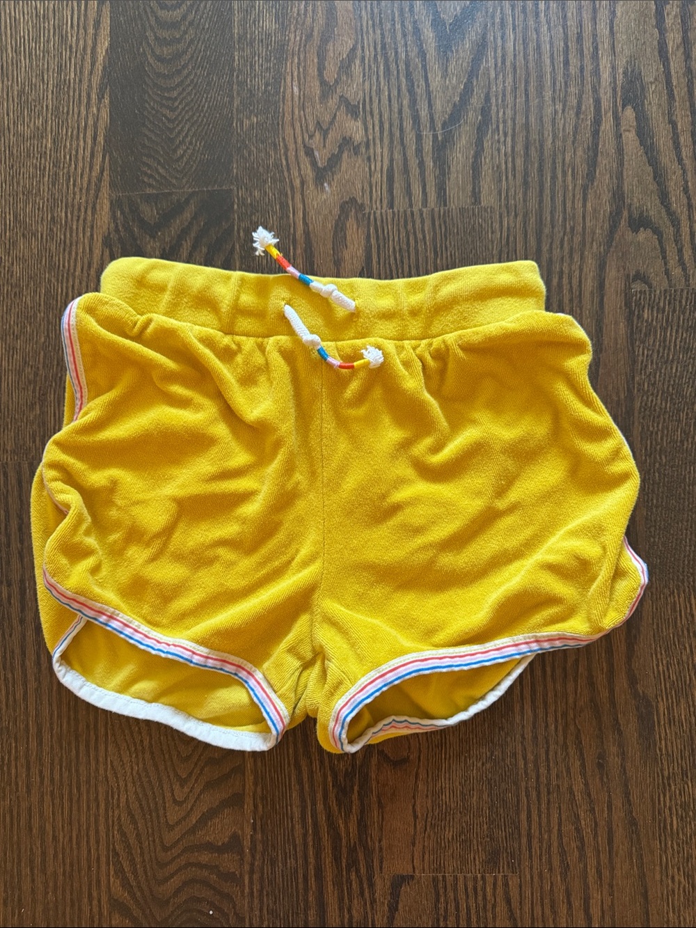 Mini Boden Bright Yellow Terry Shorts with Rainbow Trim